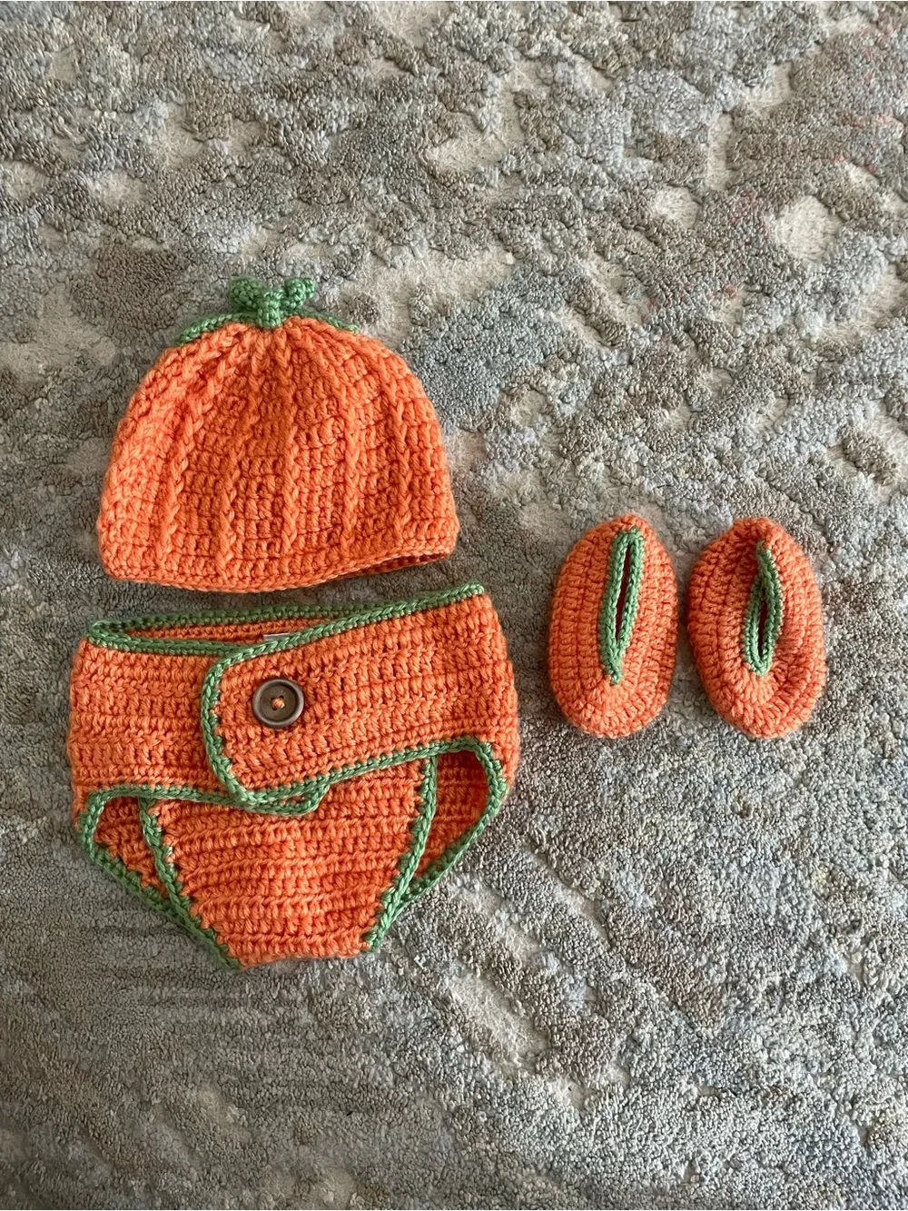 Orange & Green Baby Pumpkin Crochet Hat, Diaper Cover and Booties Set